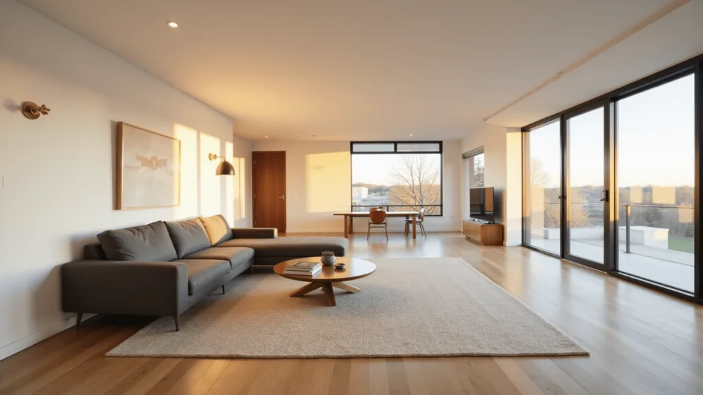 "Minimalist living room with natural light, charcoal sectional, oak floors and floor-to-ceiling windows during golden hour"