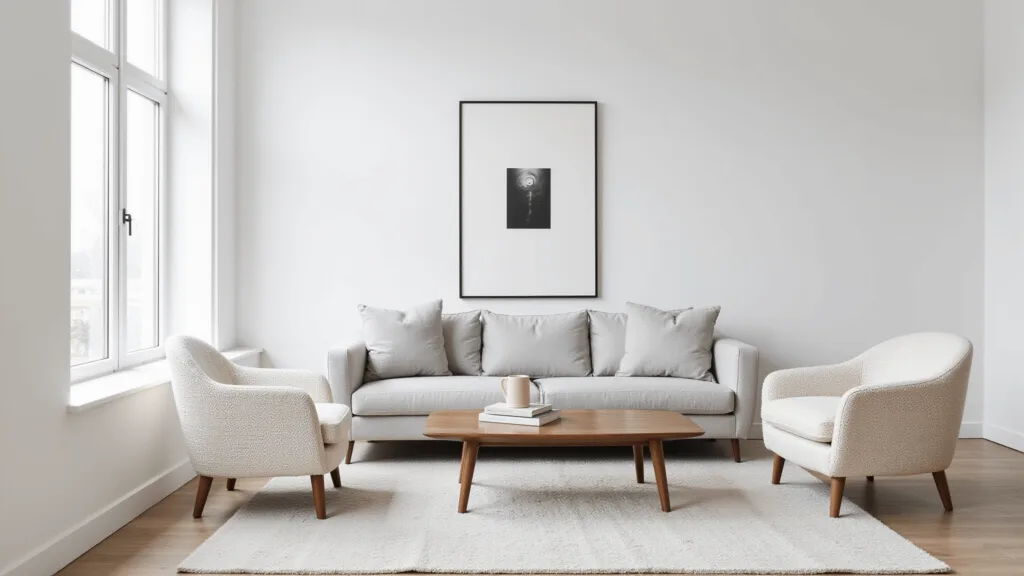 "Minimalist living room with light gray sofa, walnut coffee table, cream boucle chairs, and a black-and-white framed photo on white walls, lit by natural morning light."