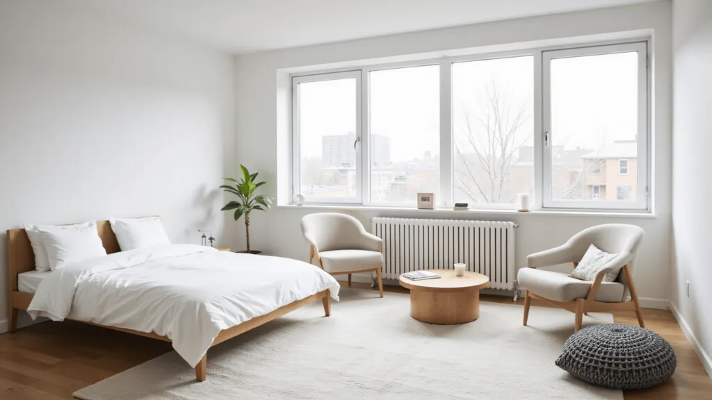 "Minimalist urban loft bedroom with floor-to-ceiling windows allowing natural light, furnished with light wood furniture and white linens in Scandinavian design style"