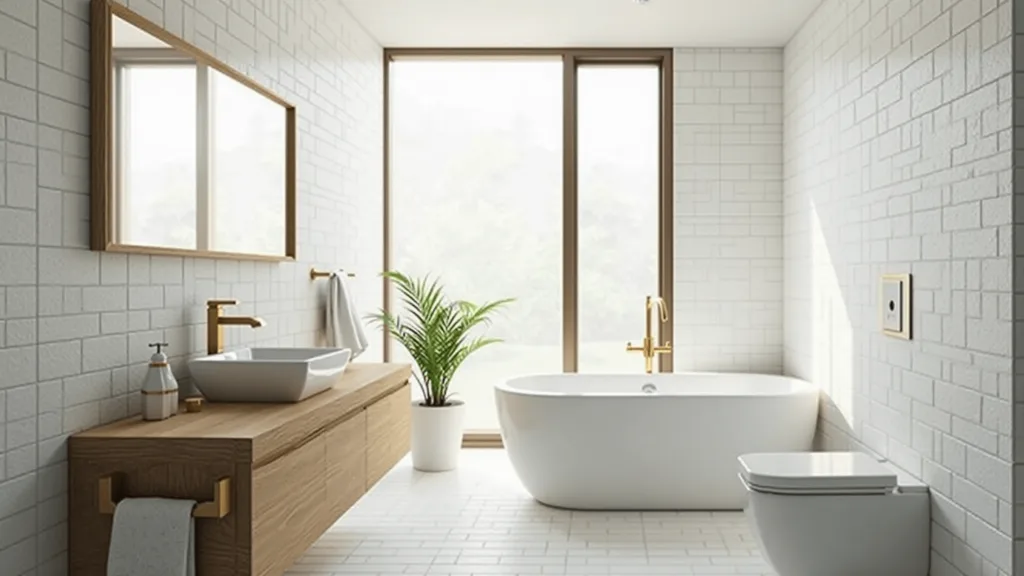"Modern minimalist bathroom with white subway tiles, floating oak vanity, brass fixtures, and morning light flooding through frosted window"