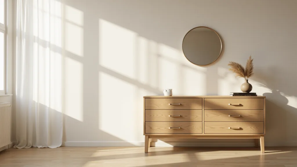 "Minimalist pale oak Japandi dresser with brass hardware and mirror, adorned with a ceramic vase of dried pampas grass in sunlit room"