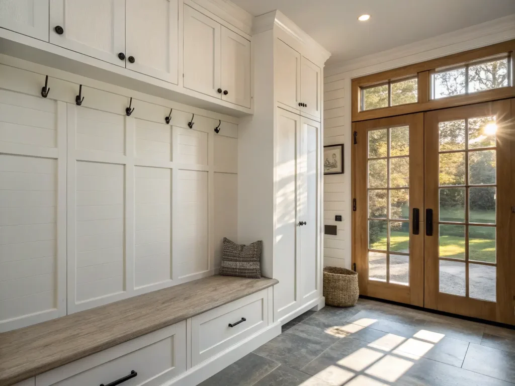 "Modern minimalist mudroom with white oak cabinets, concrete bench and frosted glass door at golden hour"