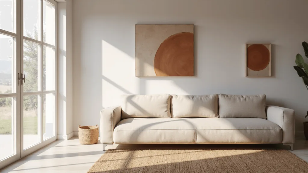 "Sunlit minimalist living room with oatmeal linen sofa, jute rug, abstract terracotta artwork, and floor-to-ceiling windows"