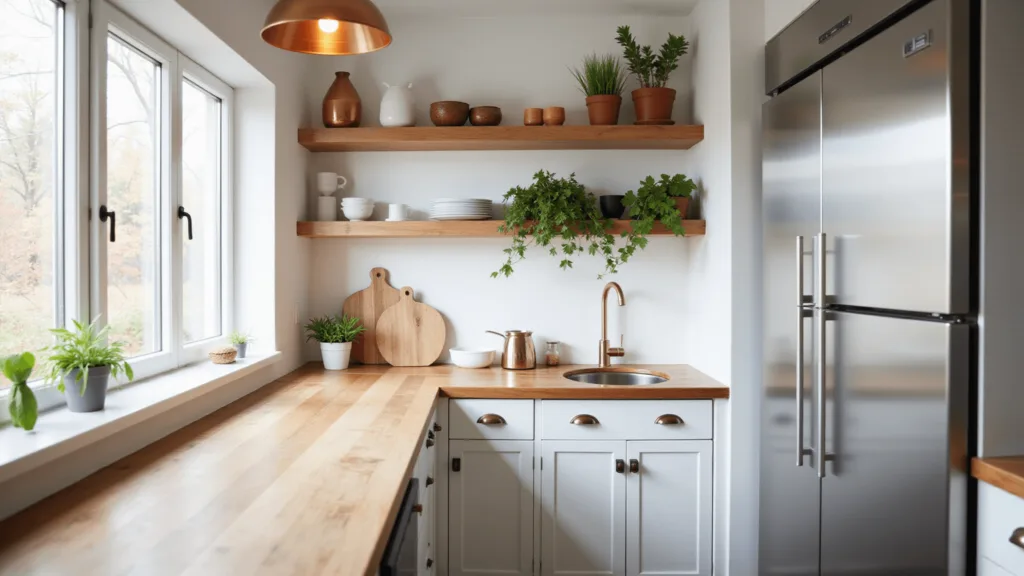 "Minimalist Scandinavian kitchen interior with white cabinets, butcher block countertops, and a vertical herb garden in bright morning light."