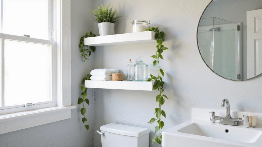 "Modern, minimalist bathroom with white floating shelves, folded towels, clear containers, and green plant, lit by natural light"