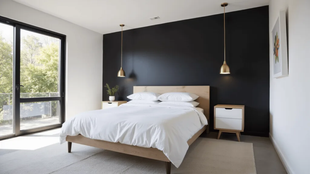 "Modern minimalist bedroom with black accent wall, white California king bed, brass pendant lights, white oak nightstands, and large windows with natural light"