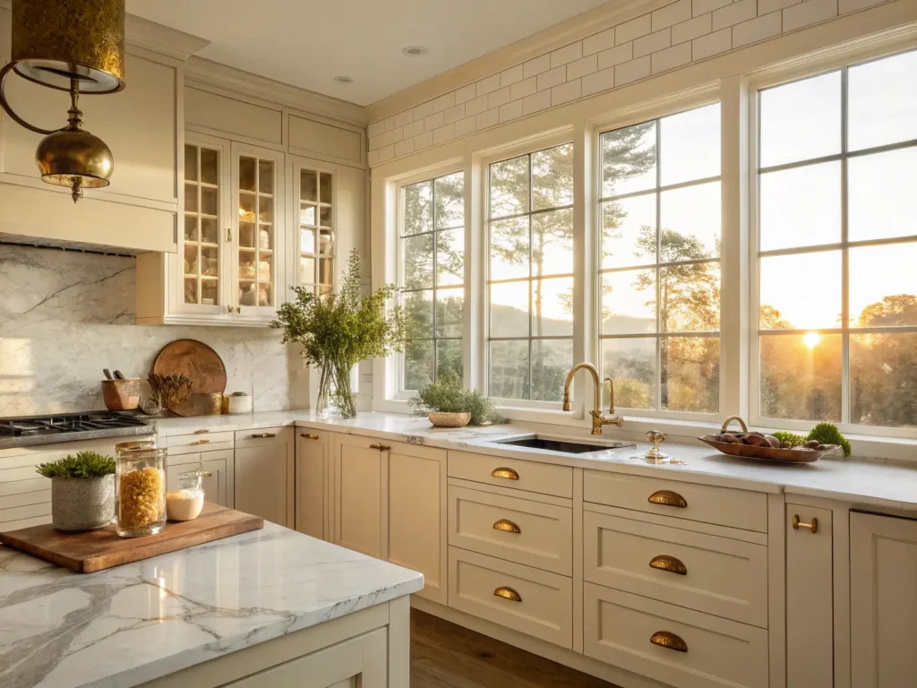 "Modern beige kitchen with marble countertops, brass fixtures, and a styled island during golden hour"