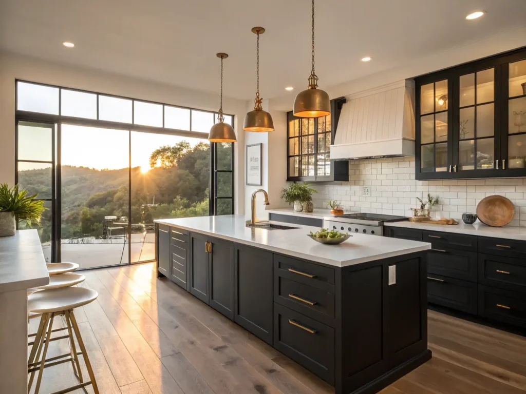 "Modern kitchen interior with matte black cabinets, white quartz countertops, brass pendant lights, and minimalist decor"