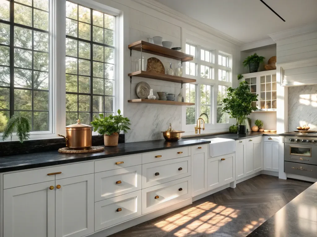 "Modern kitchen with black granite countertops, white cabinets, brass hardware, and natural wood open shelves, decorated with green plants and copper cookware"