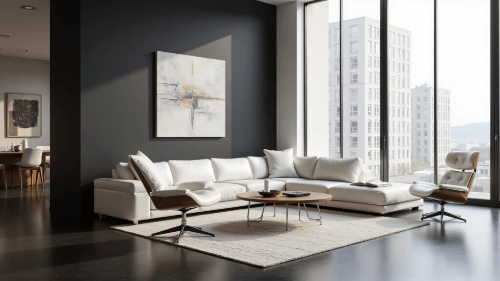 "Modern minimalist living room with black accent wall, white leather sectional sofa, Barcelona chairs, abstract art, and tall windows allowing in natural light."
