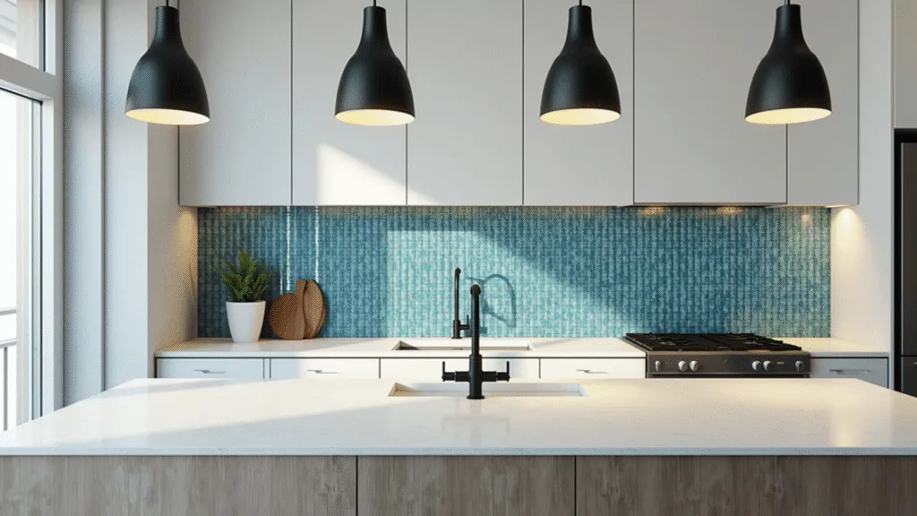 "Modern kitchen with blue glass tile backsplash, white quartz countertops, matte black fixtures, and pendant lights in morning light"