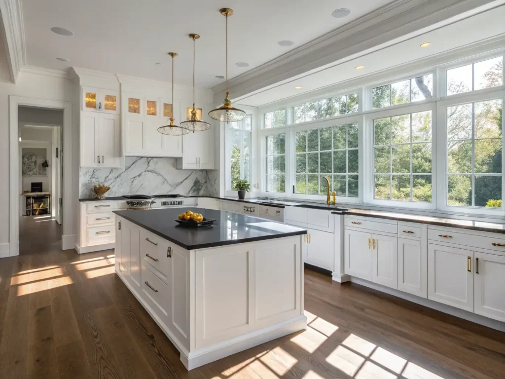 "Modern luxury kitchen with white cabinets, black countertops, marble backsplash, and oak hardwood flooring"