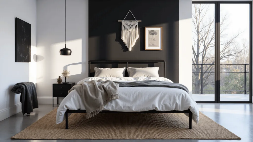 "Modern black and white bedroom with textured layers, natural light, and contrast"