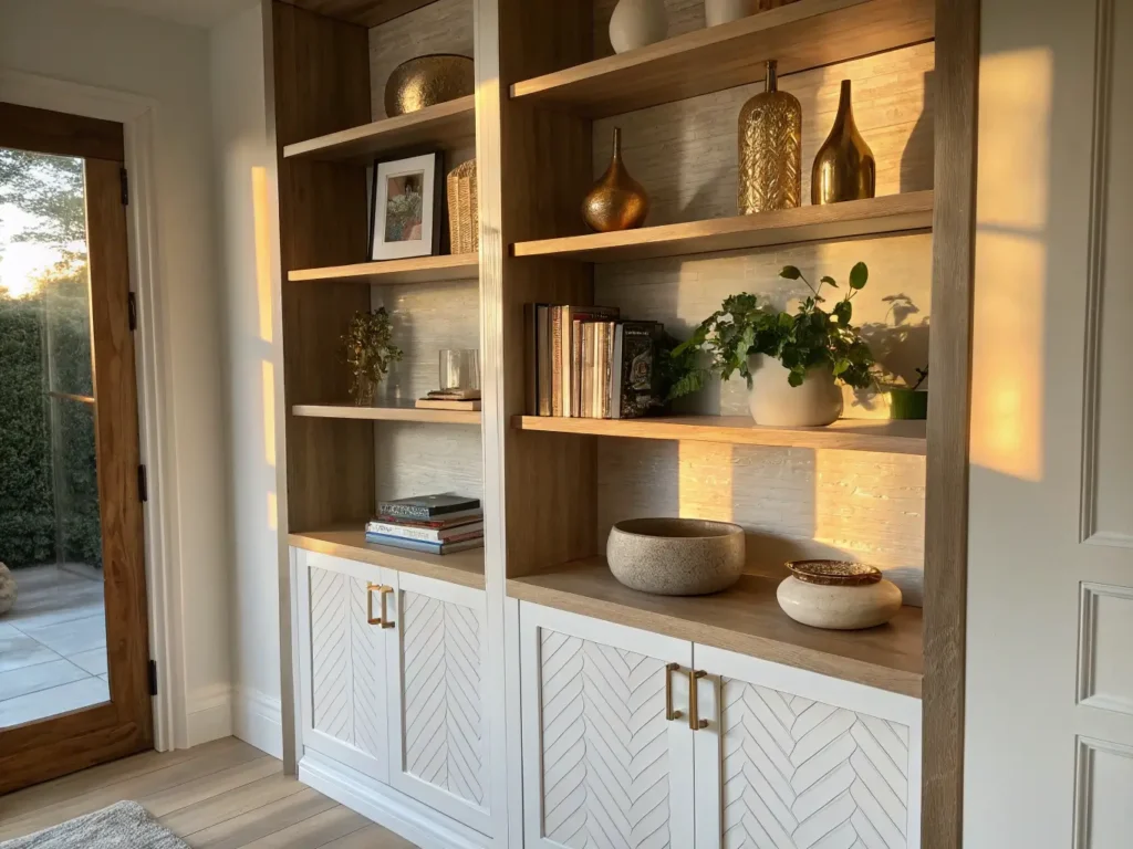 "Contemporary white oak cabinet with stylishly arranged decorations in warm sunlight"
