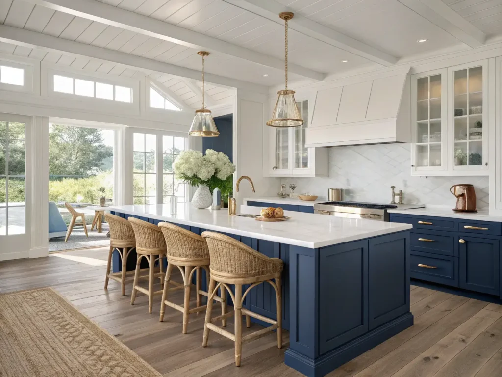 "Modern coastal kitchen with navy blue cabinets, white quartz island, rattan barstools, and natural morning light"