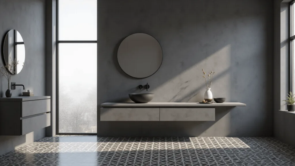 "Modern urban bathroom with floating concrete vanity, charcoal tiles, and soft morning light"