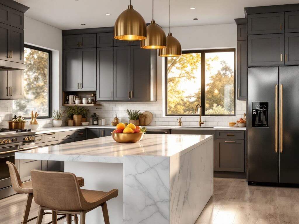 Luxurious modern kitchen with matte dark grey cabinets, white waterfall quartz island, gold accents, and warm golden hour lighting.