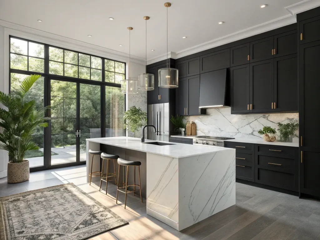 "Modern kitchen with black cabinets, white quartz waterfall island, stainless steel appliances and natural light flooding in through large windows"