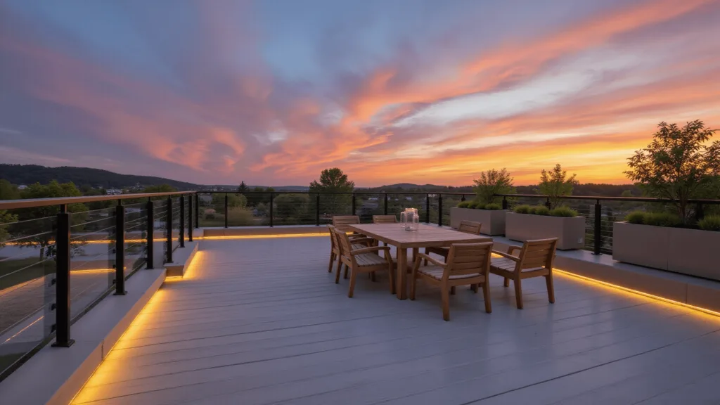 "Modern deck with teak furniture, LED lighting, and composite flooring against sunset sky"