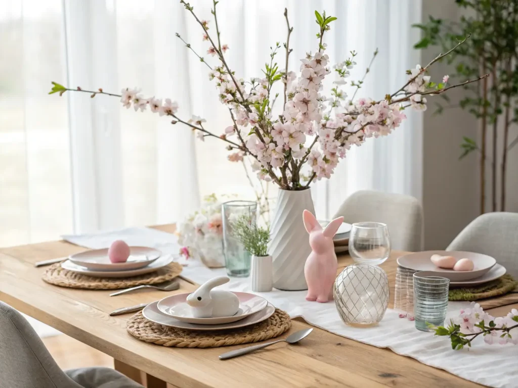 "Modern Easter tablescape with pastel decor, oak table, cherry blossoms, ceramic bunnies and soft morning light"