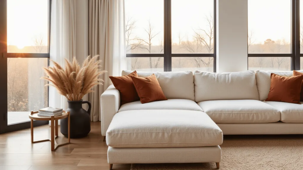 "Modern minimalist living room featuring a cream bouclé sectional with rust pillows, and golden hour light streaming through the window"