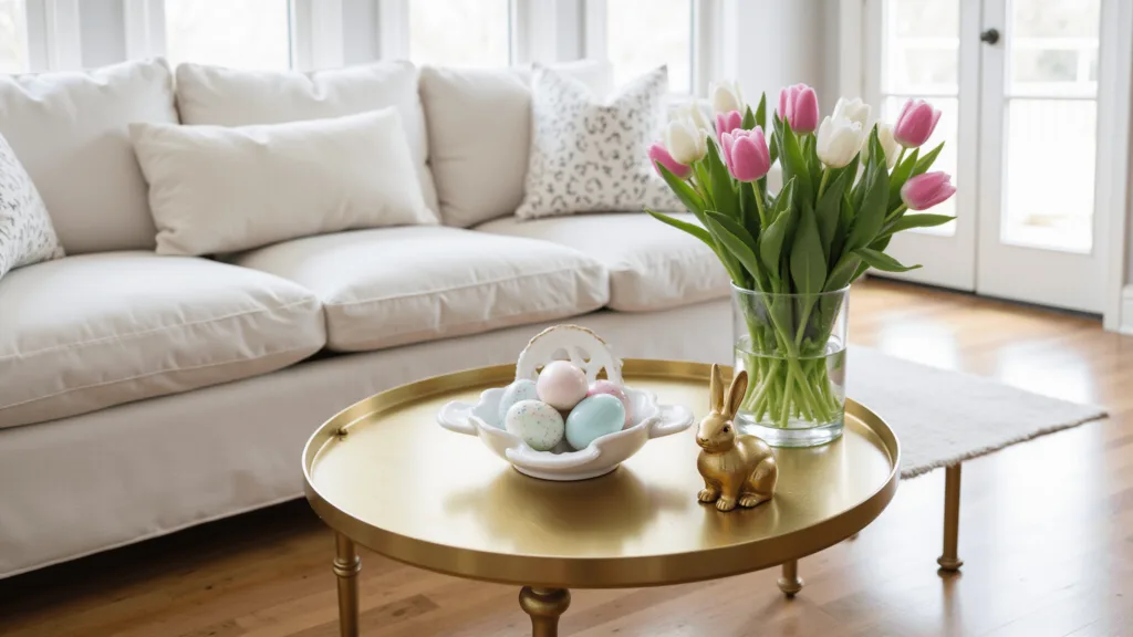 "Modern farmhouse living room with Easter vignette, featuring pastel eggs, tulips and a gold bunny on a coffee table, under natural sunlight"