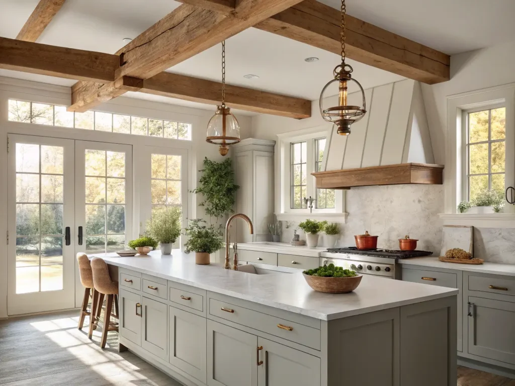 "Modern farmhouse kitchen with gray cabinets, white quartz countertops, exposed wooden beams, vintage pendant lights, and natural sunlight."