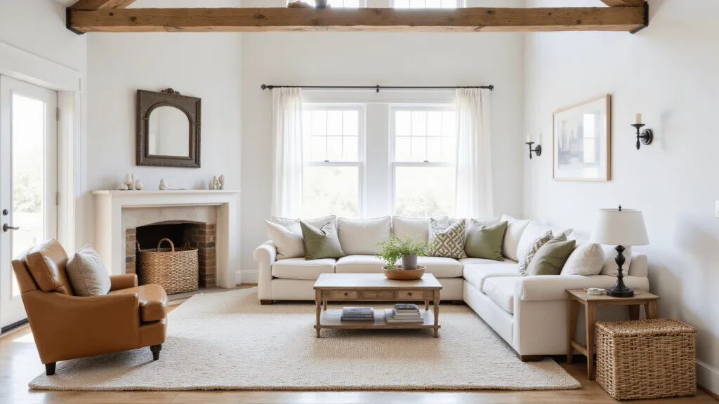 "Modern farmhouse living room featuring cream linen sectional, exposed wooden beams, vintage leather armchair, woven baskets, chunky throws, sage accents and natural sunlight streaming through windows"