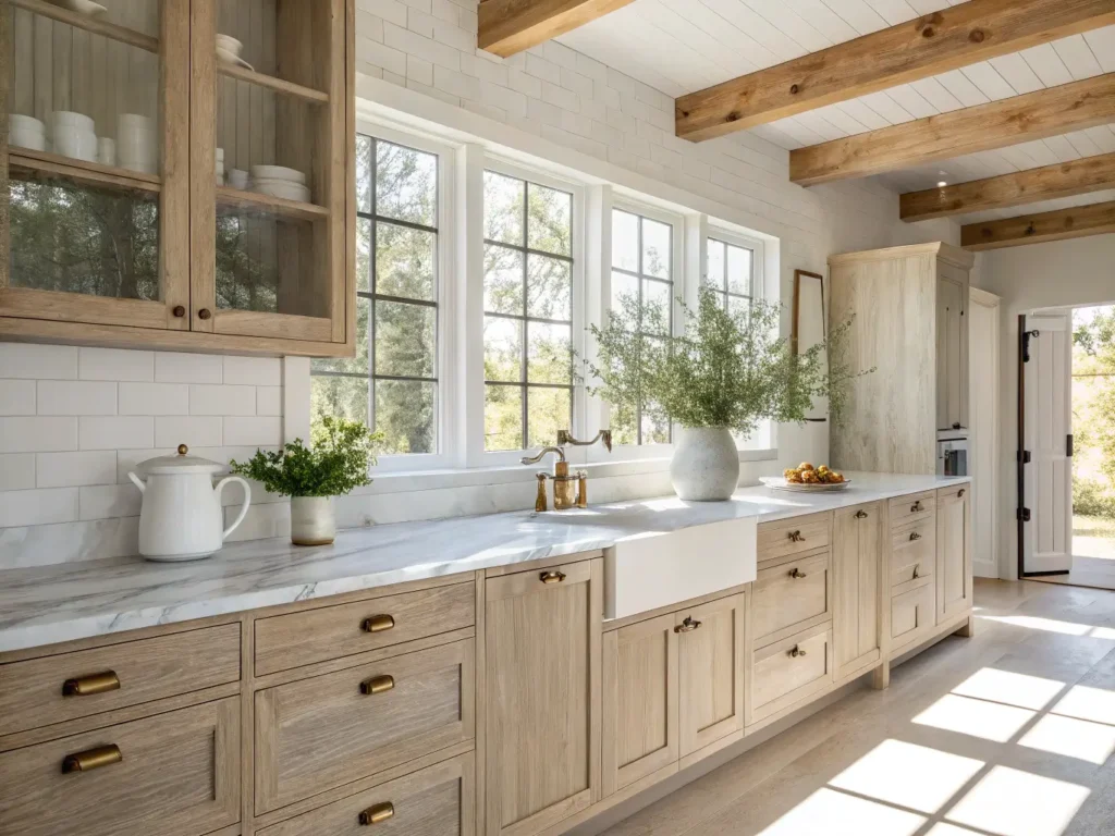 "Whitewashed oak kitchen with brass hardware and marble countertops in morning sunlight"