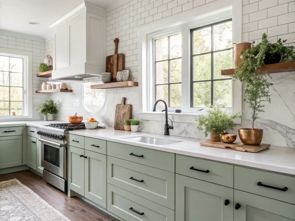 "Modern farmhouse kitchen with sage green cabinets, brass hardware, marble countertops, and oak flooring"