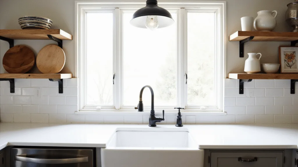 "Sunlit farmhouse kitchen with white apron sink, oak shelves, black pendant light, and vintage kitchen decor"