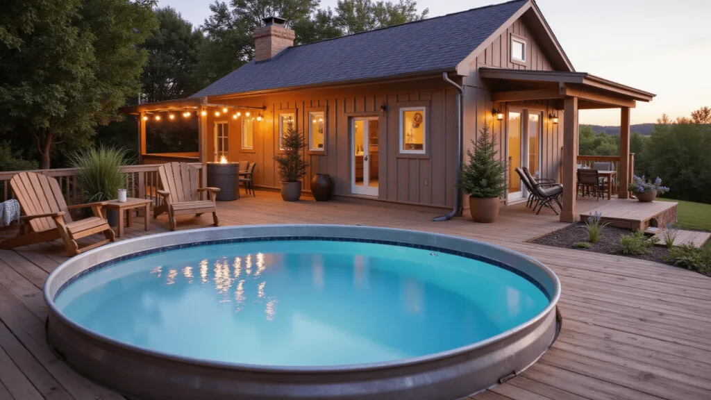 "Steel stock tank pool on a cedar deck at a modern farmhouse during golden hour, surrounded by teak loungers, lavender plants, and string lights"