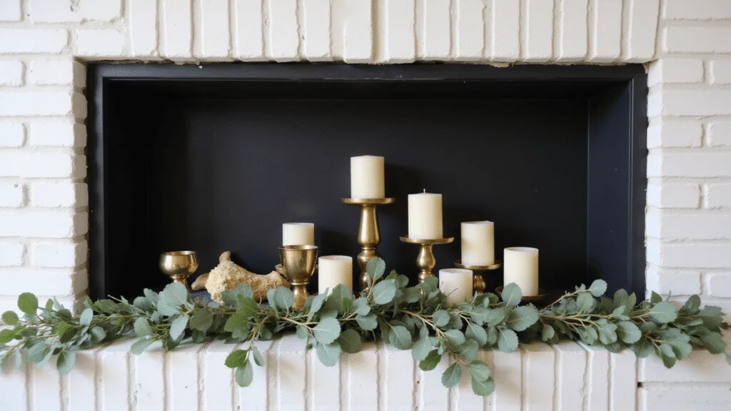 "Modern fireplace with matte black interior, brass candleholders, and eucalyptus garland on white brick background"