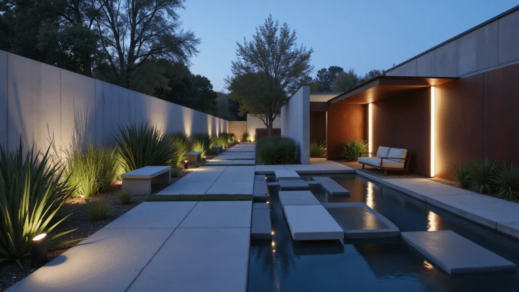 "Modern minimalistic garden with geometric design, concrete and steel elements, architectural plants, LED lit benches, water feature, captured during twilight."