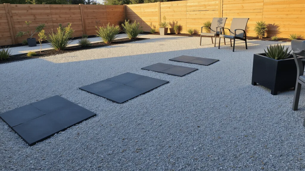 "Modern gravel garden with geometric pavers, metal furniture, and succulents in black planters during golden hour"