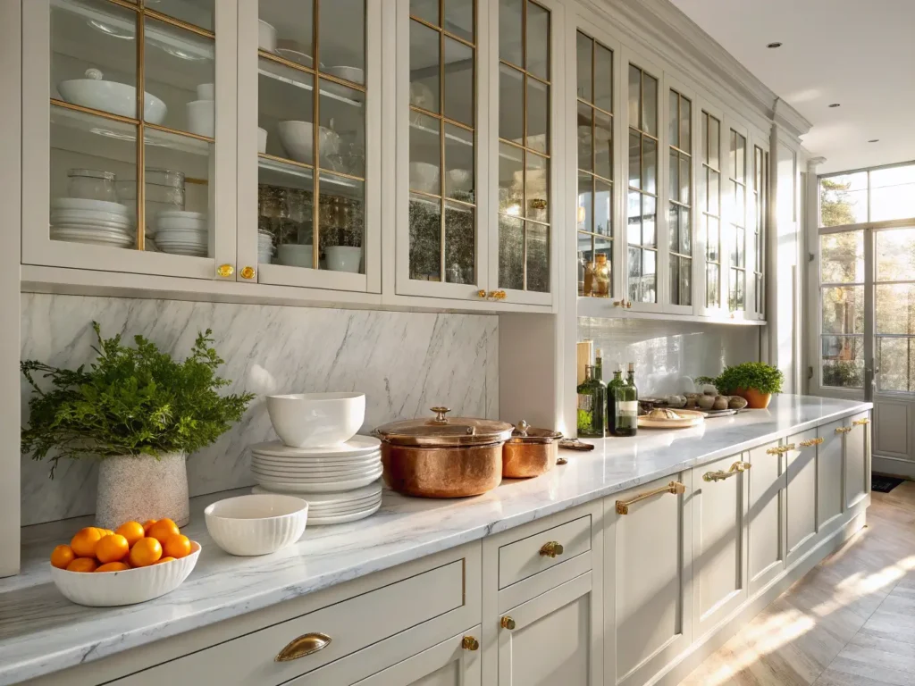 "Sunlit modern kitchen with floor-to-ceiling glass cabinets showcasing white ceramic dishes and copper cookware, marble countertops, and minimalist styling with fresh herbs and citrus accents."