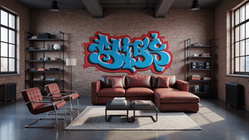 "Modern living room with graffiti mural, industrial elements, vintage audio equipment, and burgundy leather sofa"