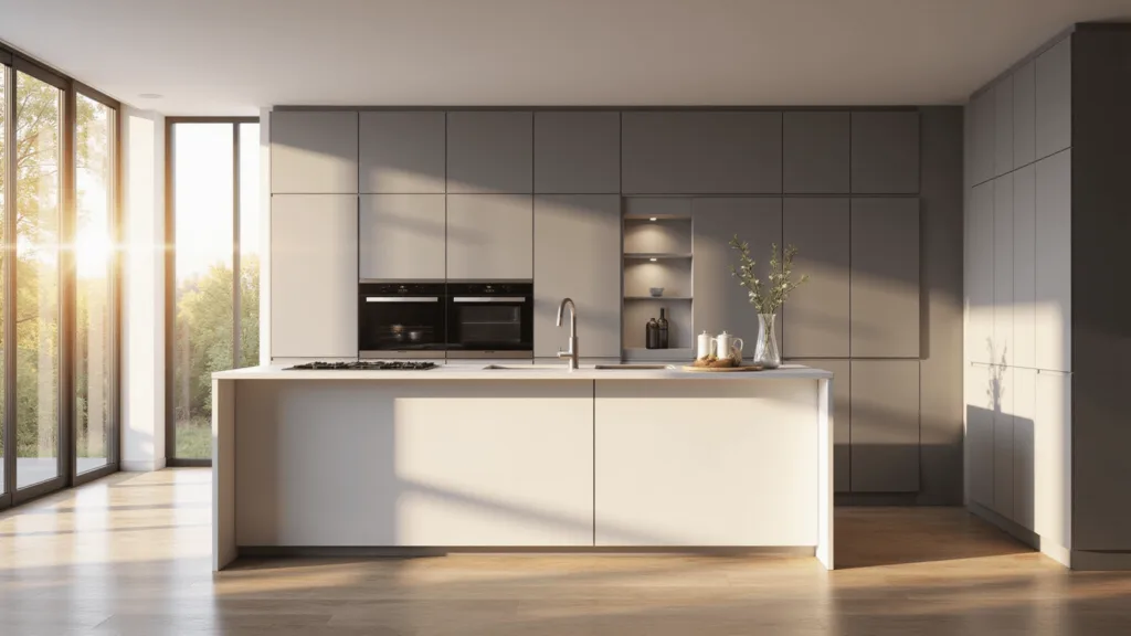 "Modern minimalist kitchen with dove grey cabinets, white waterfall island, and brushed metal accents, bathed in golden hour light streaming through tall windows."