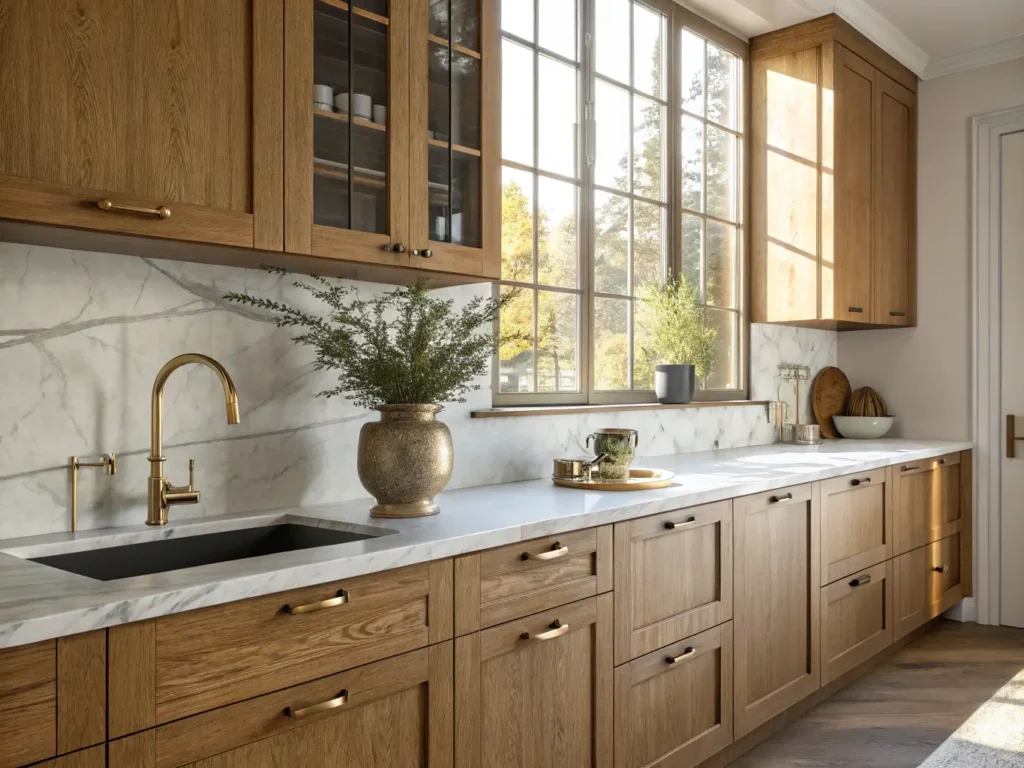 "Modern kitchen with honey oak cabinets, marble countertops, brass hardware, and fresh herbs on the windowsill in warm morning light"