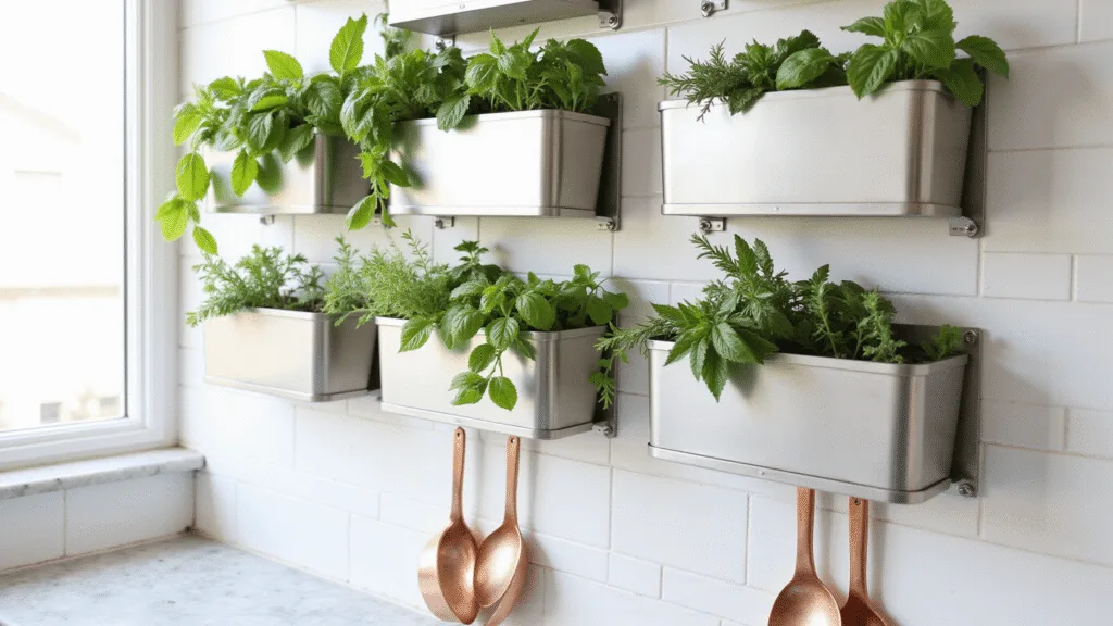 "Modern kitchen wall featuring an indoor herb garden with basil, mint, rosemary in stainless steel planters on white subway tiles, marble countertop, and copper utensils"