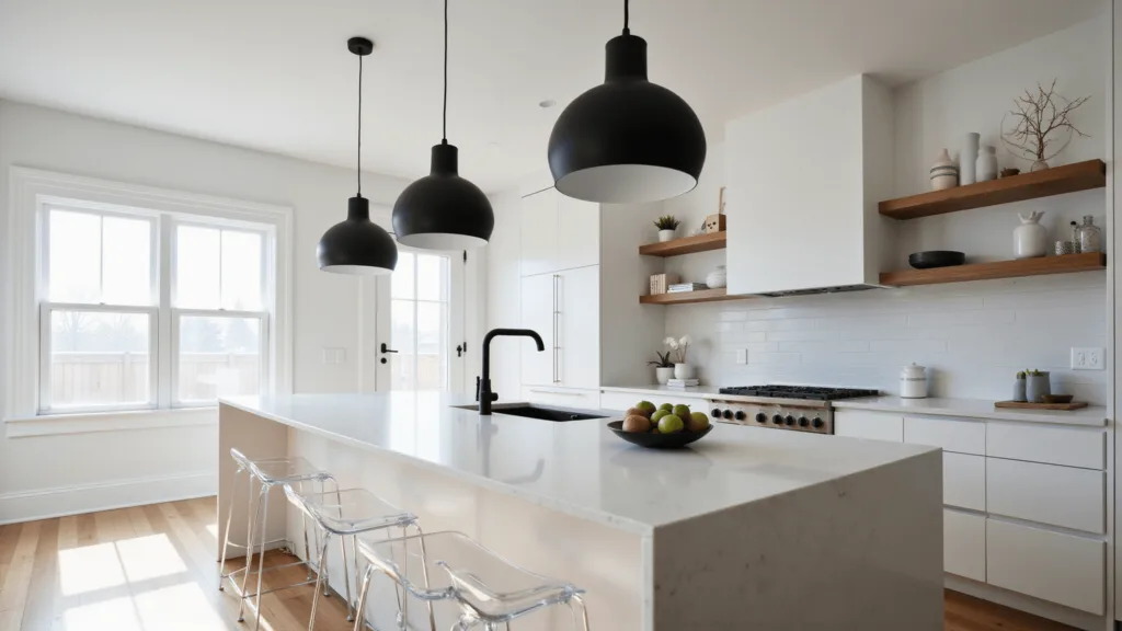 "Modern minimalist kitchen with white quartz island, black pendant lights, acrylic bar stools, and morning sunlight"