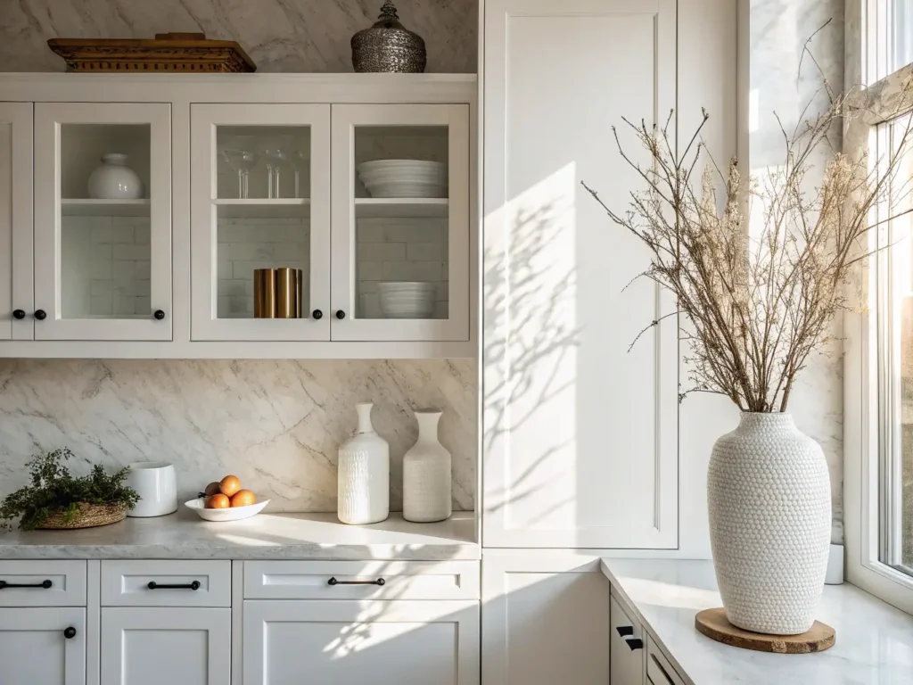 "Modern kitchen with white cabinets, ceramic vases, and dried botanicals in soft morning light"