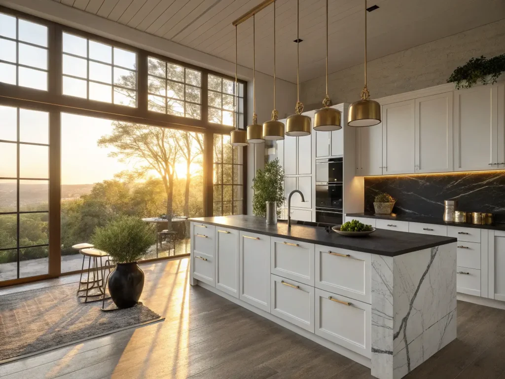 "Modern kitchen with white cabinets, black island with brass accents, and floor-to-ceiling windows during golden hour"