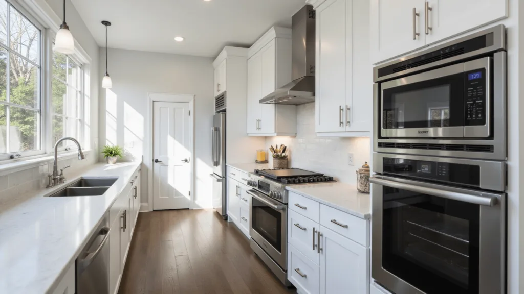 "Modern kitchen with white cabinets, black stainless steel appliances, marble countertops, and natural light streaming in through large windows"
