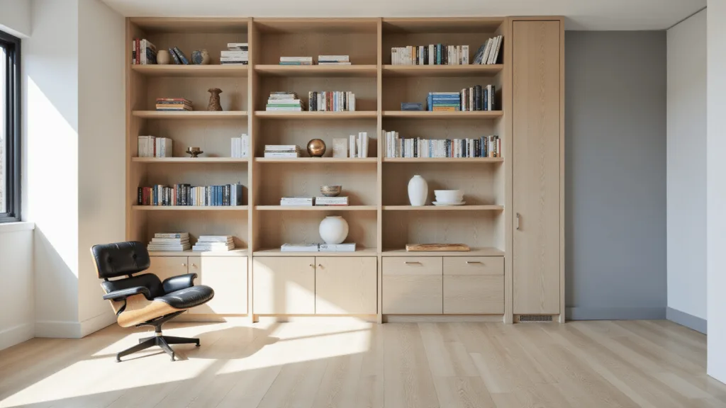 "Interior view of a modern library with white oak shelves, ceramic and brass decor, and an Eames chair bathed in morning light"