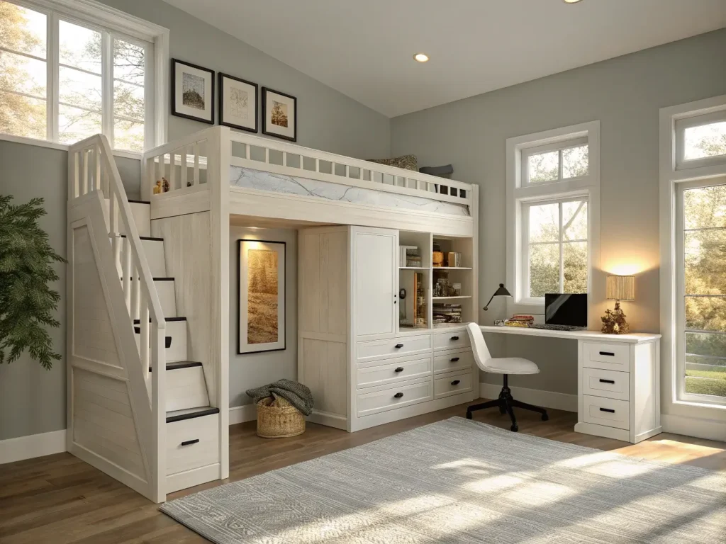 "Modern L-shaped white oak bunk bed with built-in storage and study desk in a minimalist room with light gray walls and large windows"