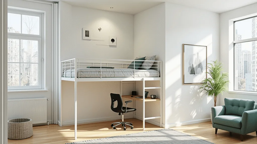 "Minimalist loft bed in bright studio apartment with home office setup, large windows, and sage green and dusty blue accents"
