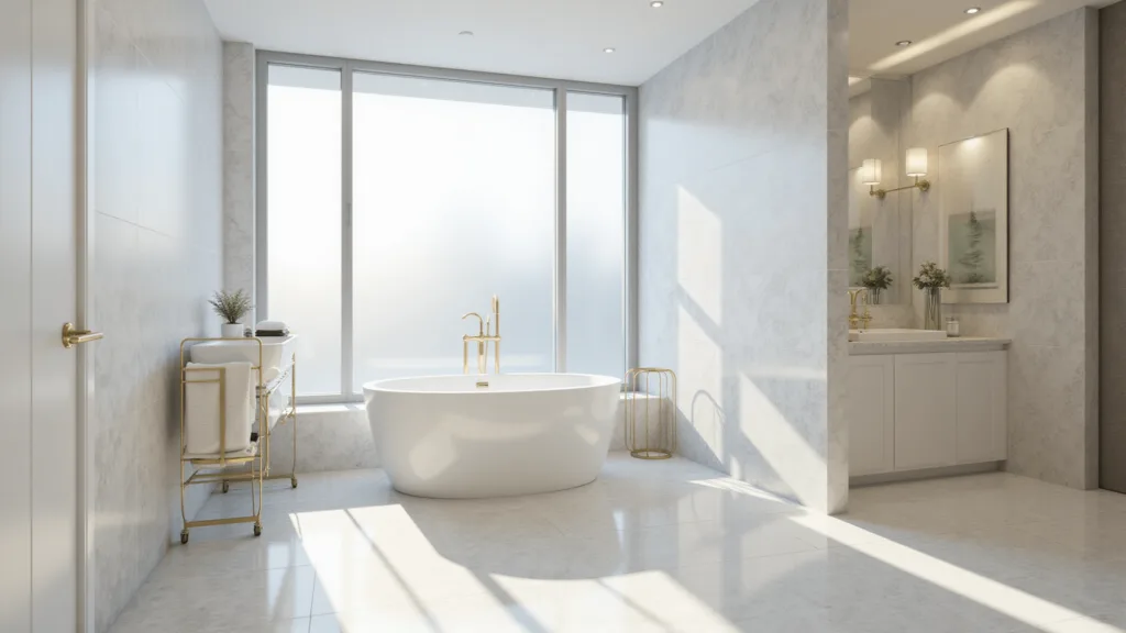 "Modern luxury bathroom with freestanding white tub, marble tiles, gold fixtures, and natural light"