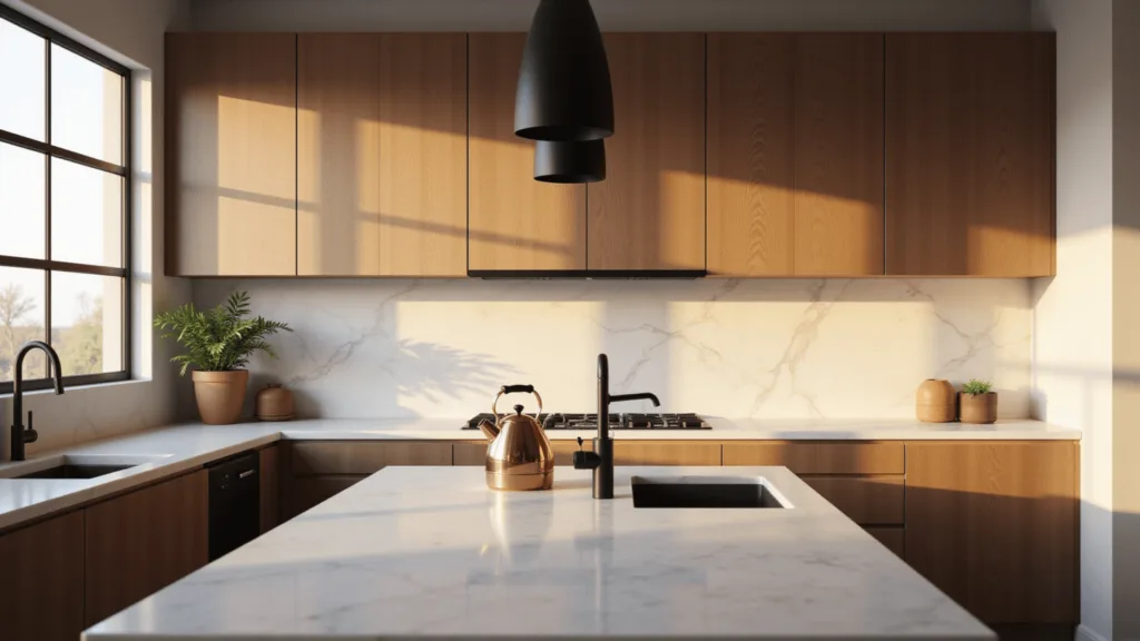 "Modern minimalist kitchen with white marble countertops and matte black fixtures, illuminated by golden hour sunlight, with a copper kettle and terracotta herb pots as accents"
