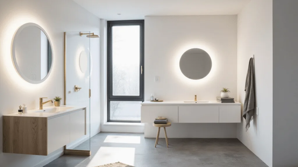 "Modern minimal bathroom with white oak floating vanity, backlit mirror, glass shower, and natural light from frosted window"